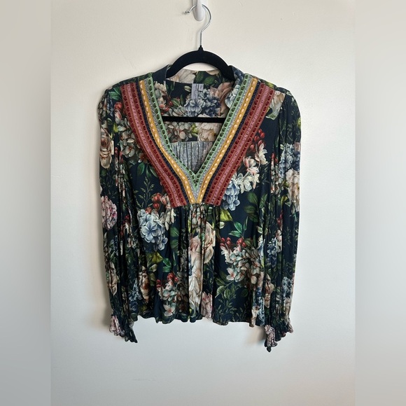 Bl^nk London x Anthropologie STEPHANIE XS Blue Green Floral V-Neck Long Sleeve - Picture 3 of 6